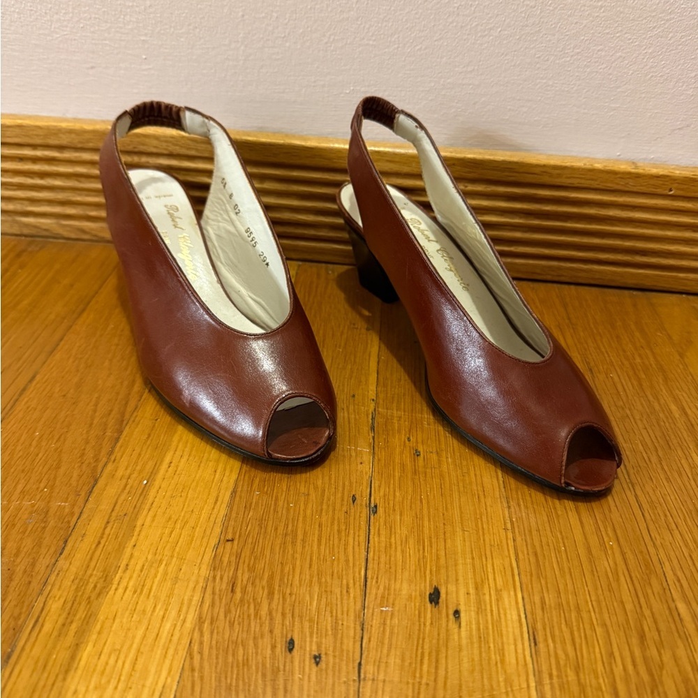 Robert Clergerie Brown Leather Peep-Toe Slingback Heels